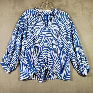 Marie‎ Oliver Top Womens XS Blue White Sillk Tropical Leaf Puff Sleeve Resort